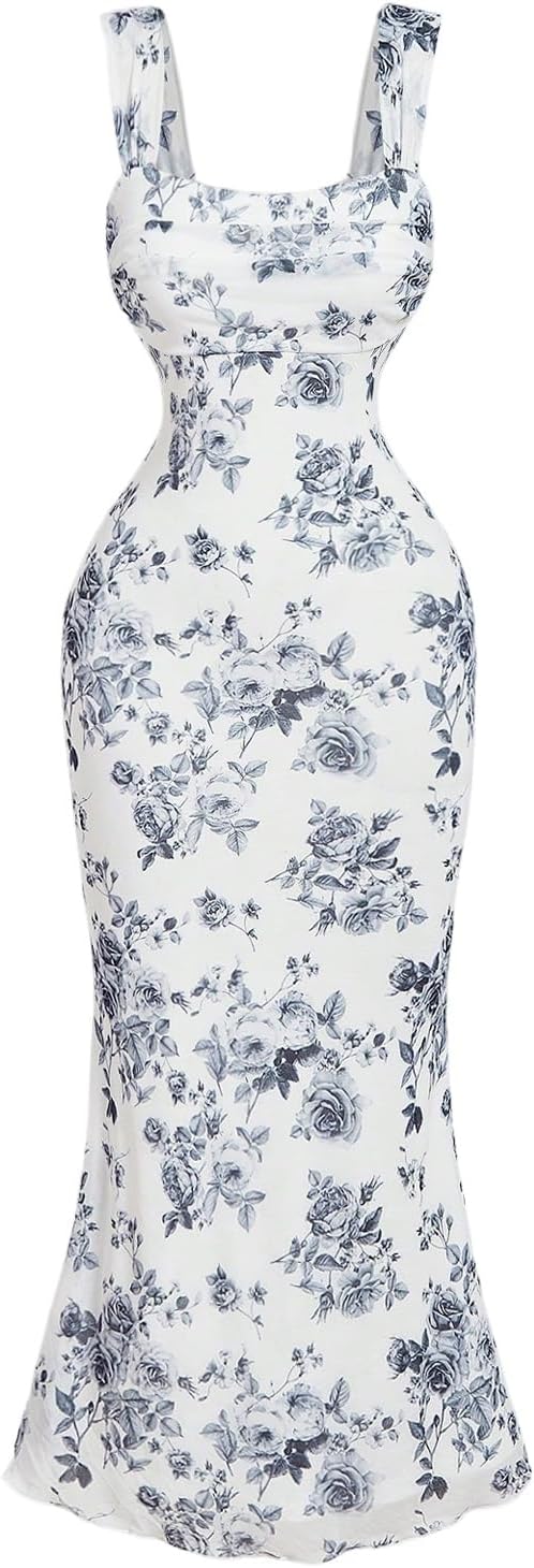 GORGLITTER Women's Floral Wedding Guest Bridal Shower Cocktail Midi Dresses | Baby Shower, Summer, Bodycon Dresses, Sweetheart Neckline Dress, Bridesmaid, Sundresses