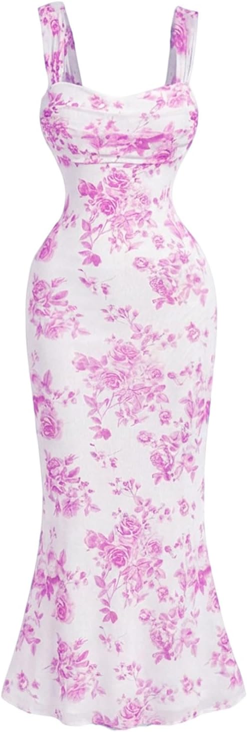 GORGLITTER Women's Floral Wedding Guest Bridal Shower Cocktail Midi Dresses | Baby Shower, Summer, Bodycon Dresses, Sweetheart Neckline Dress, Bridesmaid, Sundresses