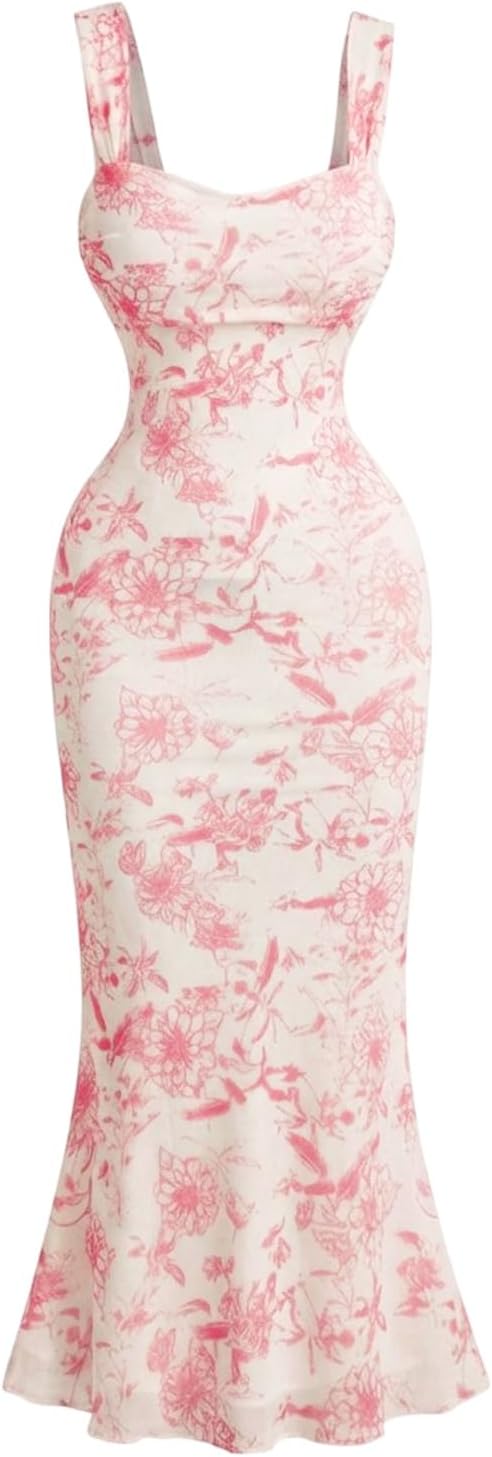 GORGLITTER Women's Floral Wedding Guest Bridal Shower Cocktail Midi Dresses | Baby Shower, Summer, Bodycon Dresses, Sweetheart Neckline Dress, Bridesmaid, Sundresses