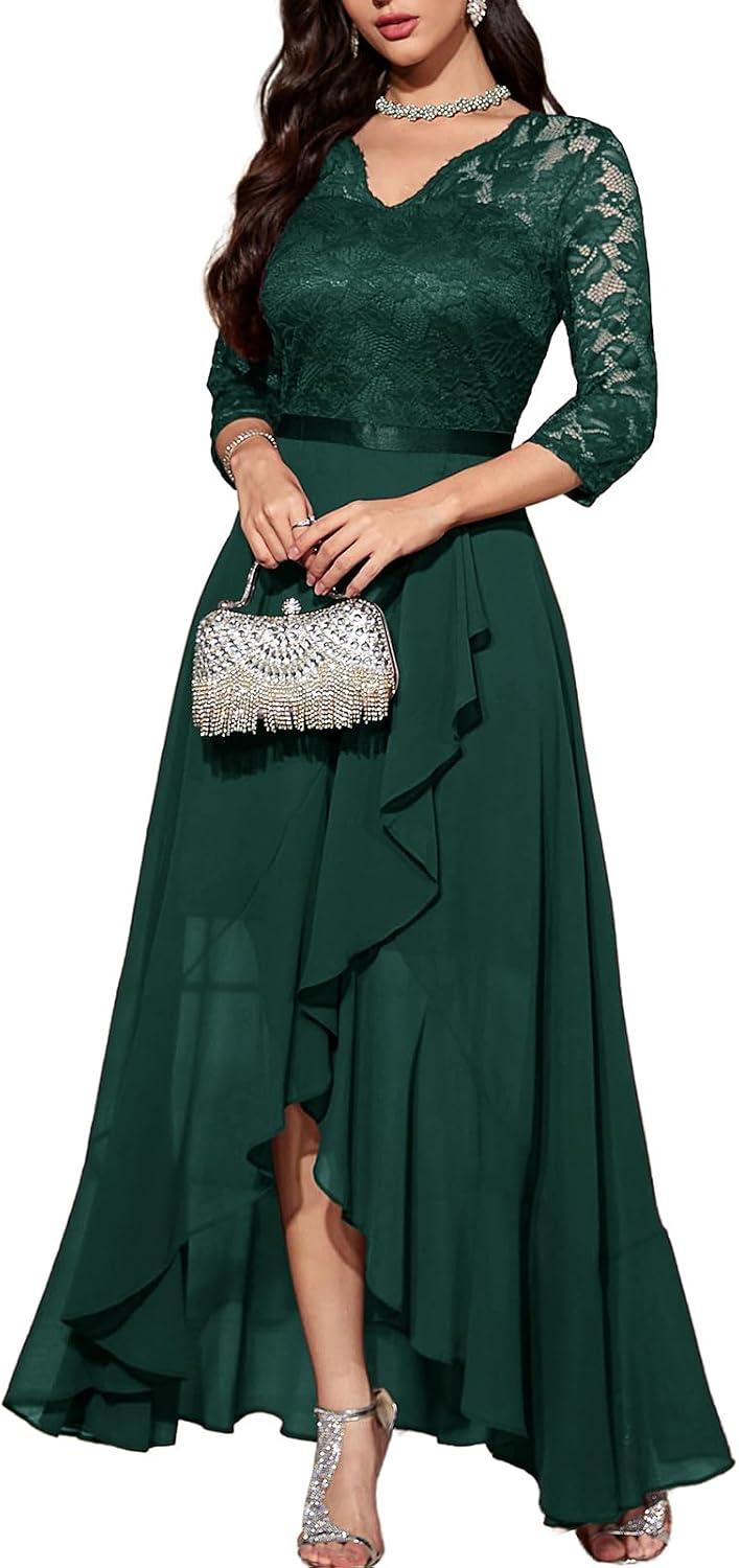 Bbonlinedress Women's V-Neck Dress for Women Wedding Guest Hi-Lo Floral Lace Prom Cocktail Party Formal Bridesmaid Dress