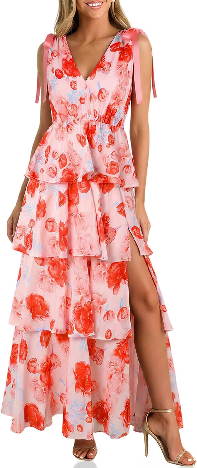 Wenrine Womens Elegant Wedding Guest Dress Floral Ruffle Maxi Dresses | Casual,Tie Strap,Sleeveless,V Neck,High Slit,Boho,Ruffle,Tiered,Beach