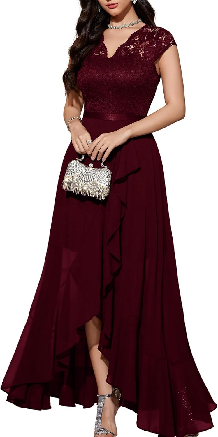 Bbonlinedress Women's V-Neck Dress for Women Wedding Guest Hi-Lo Floral Lace Prom Cocktail Party Formal Bridesmaid Dress