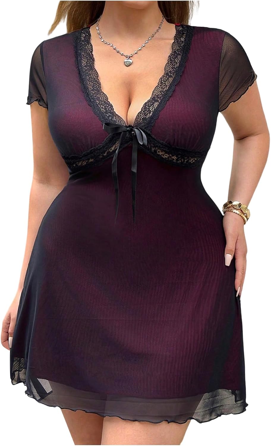 SHENHE Women's Plus Size Y2k Mesh Goth Mini Dress Deep V Going Out Dresses | Floral Pattern,A Line,Deep V,Short Sleeve,Flared Hem