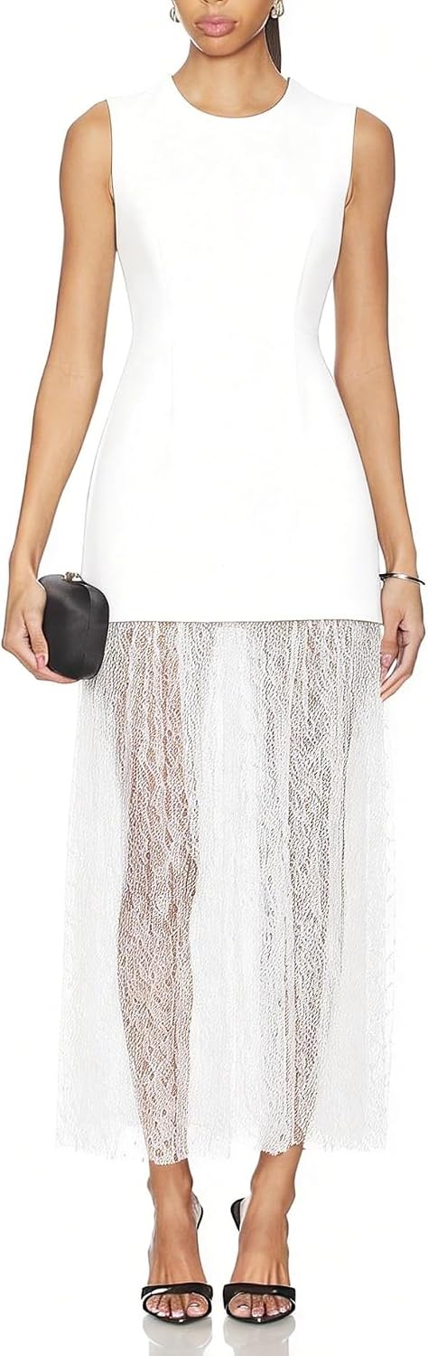Women Sleeveless Sheer Lace Mesh Ruffles Maxi Dress Cocktail Party Dress | Tulle Overlay Hem Bodycon Wedding Guest Dress Club Night Evening Gowns Date Night Lace Mesh Hem Formal Dress