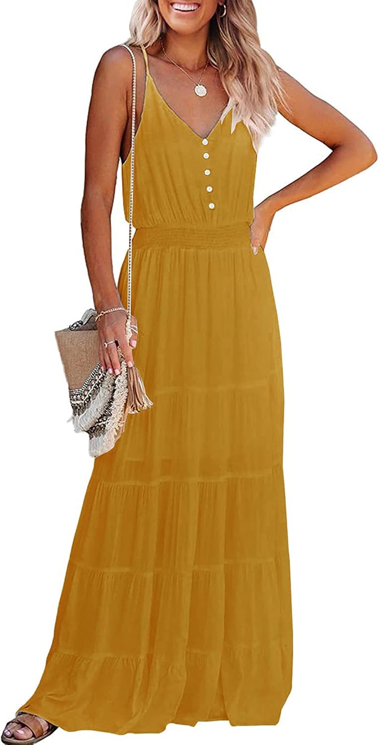 PRETTYGARDEN Women's Spaghetti Strap Summer Maxi Dress | Soft Flowy Fabric, V Neck Sleeveless , Elastic High Waist, Wedding Guest Party Dress, Casual Long Sundress for Beach Vacation