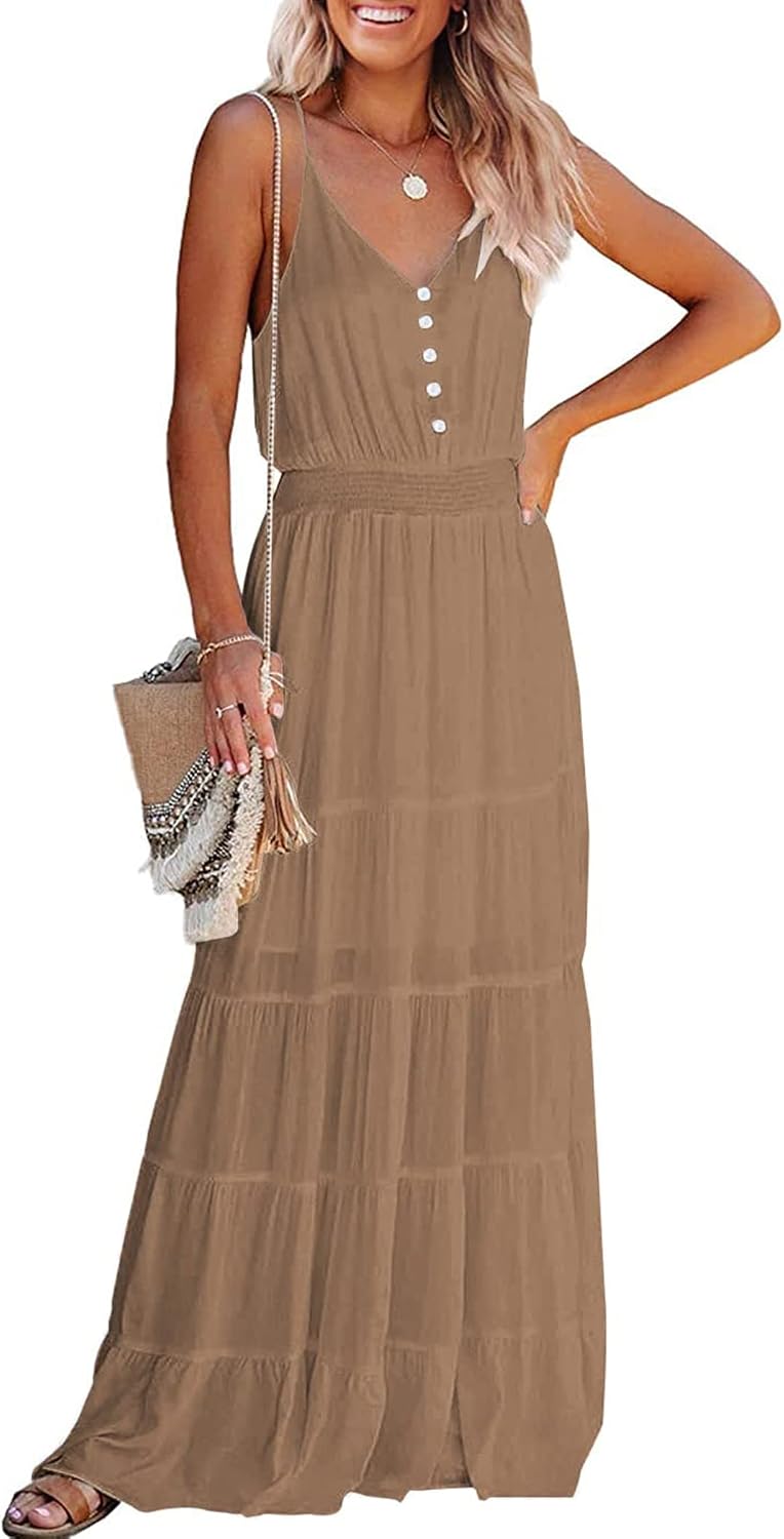 PRETTYGARDEN Women's Spaghetti Strap Summer Maxi Dress | Soft Flowy Fabric, V Neck Sleeveless , Elastic High Waist, Wedding Guest Party Dress, Casual Long Sundress for Beach Vacation