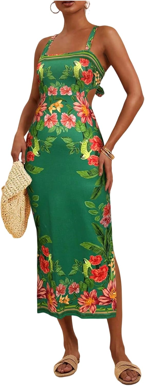Floerns Women's Tropical Bow Tie Back Long Dress Sleeveless Maxi Dress | Hawaiian Resort Wear, Coastal Vacation, Beach Wedding Guest, Side Slit, Spring Break Outfits
