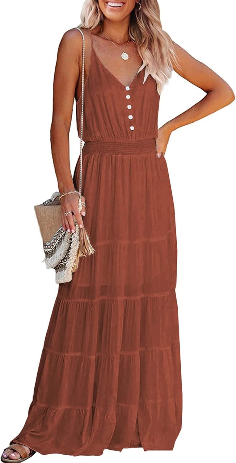 PRETTYGARDEN Women's Spaghetti Strap Summer Maxi Dress | Soft Flowy Fabric, V Neck Sleeveless , Elastic High Waist, Wedding Guest Party Dress, Casual Long Sundress for Beach Vacation