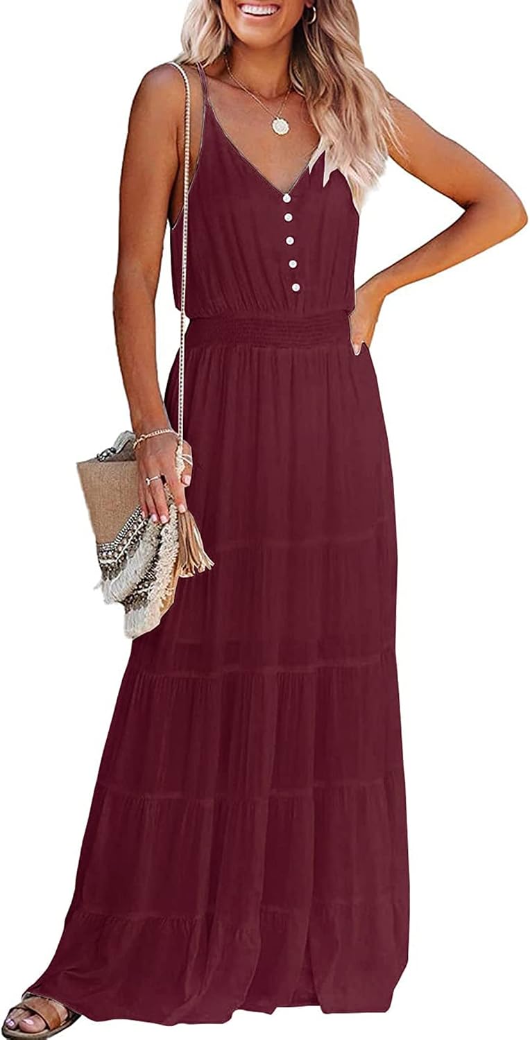 PRETTYGARDEN Women's Spaghetti Strap Summer Maxi Dress | Soft Flowy Fabric, V Neck Sleeveless , Elastic High Waist, Wedding Guest Party Dress, Casual Long Sundress for Beach Vacation
