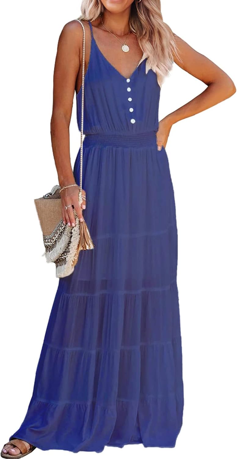 PRETTYGARDEN Women's Spaghetti Strap Summer Maxi Dress | Soft Flowy Fabric, V Neck Sleeveless , Elastic High Waist, Wedding Guest Party Dress, Casual Long Sundress for Beach Vacation