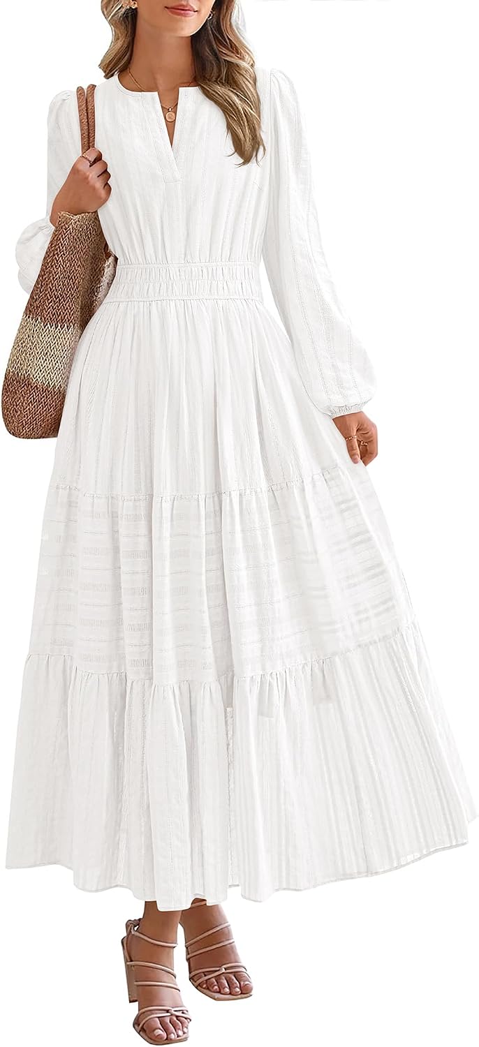 BTFBM Womens Fall 2026 Casual Midi Maxi Dresses | Lightweight Long Sleeve V Neck,Elastic Waist A Line Cotton Long Dresses,Boho Wedding Guest Dress Pockets,Fashion Clothing