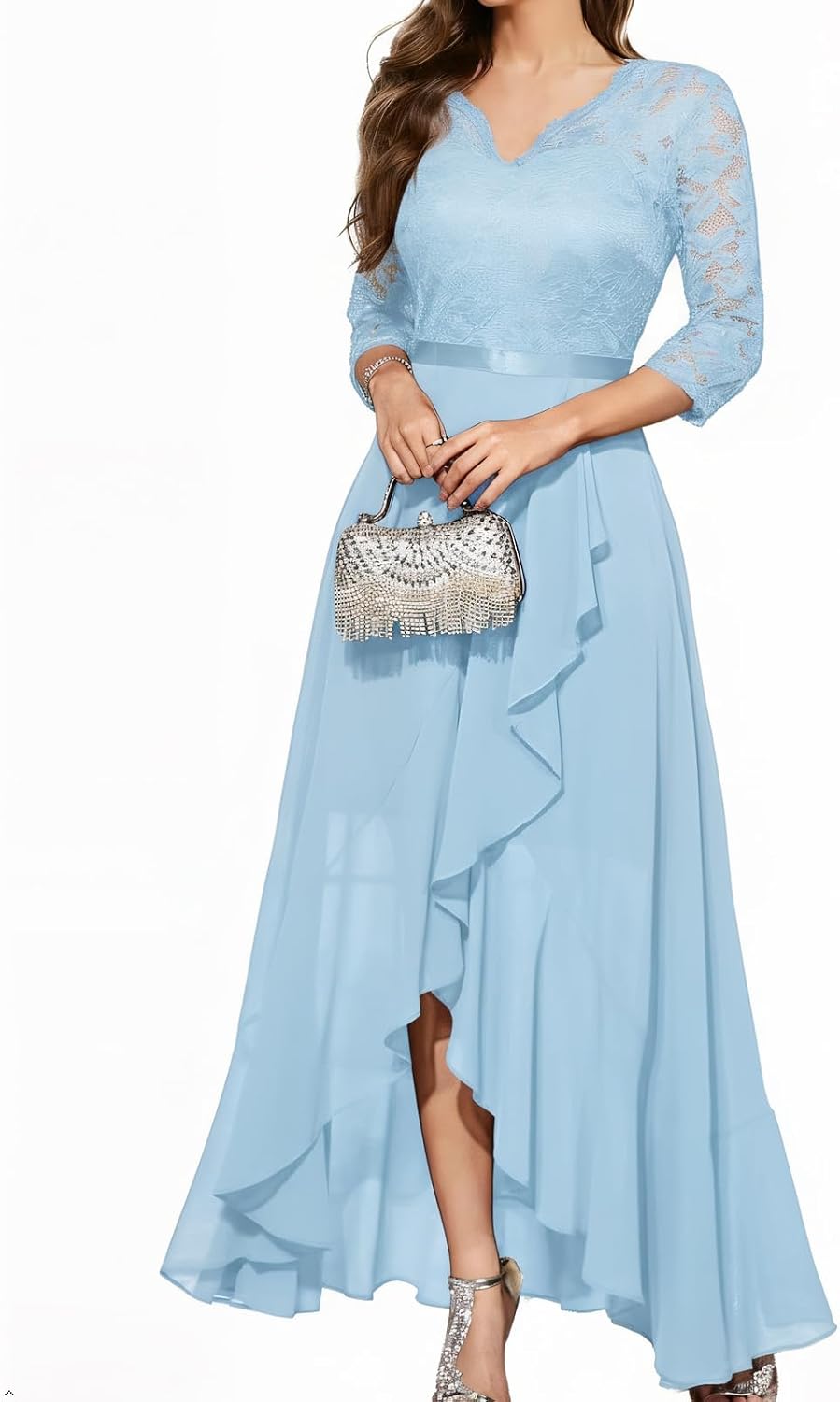 Bbonlinedress Women's V-Neck Dress for Women Wedding Guest Hi-Lo Floral Lace Prom Cocktail Party Formal Bridesmaid Dress