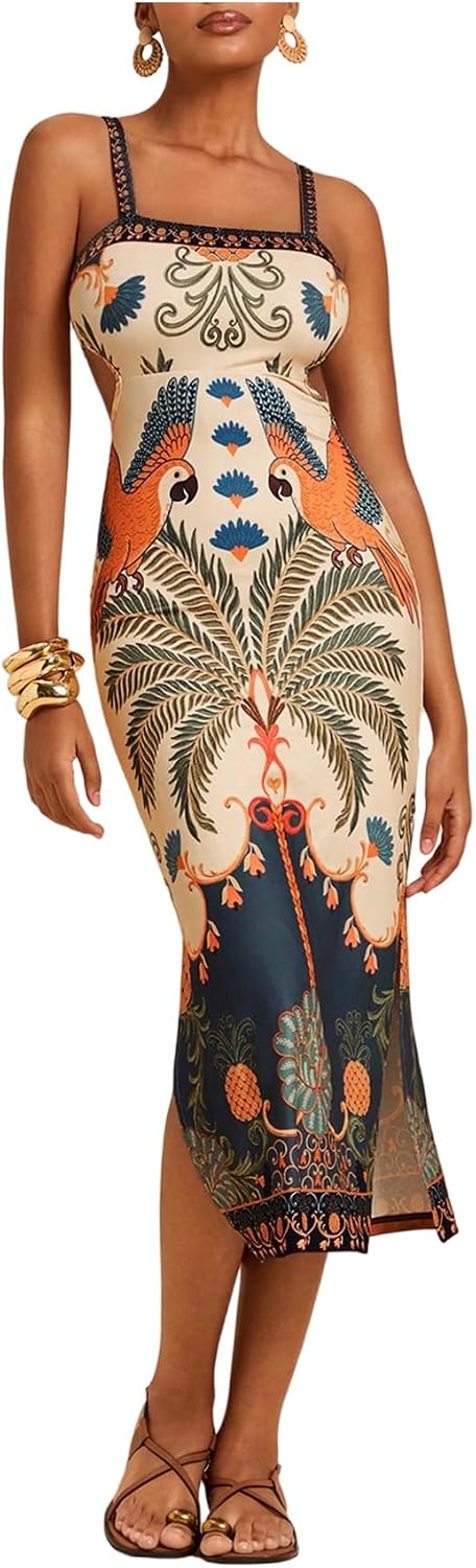 Floerns Women's Tropical Bow Tie Back Long Dress Sleeveless Maxi Dress | Hawaiian Resort Wear, Coastal Vacation, Beach Wedding Guest, Side Slit, Spring Break Outfits