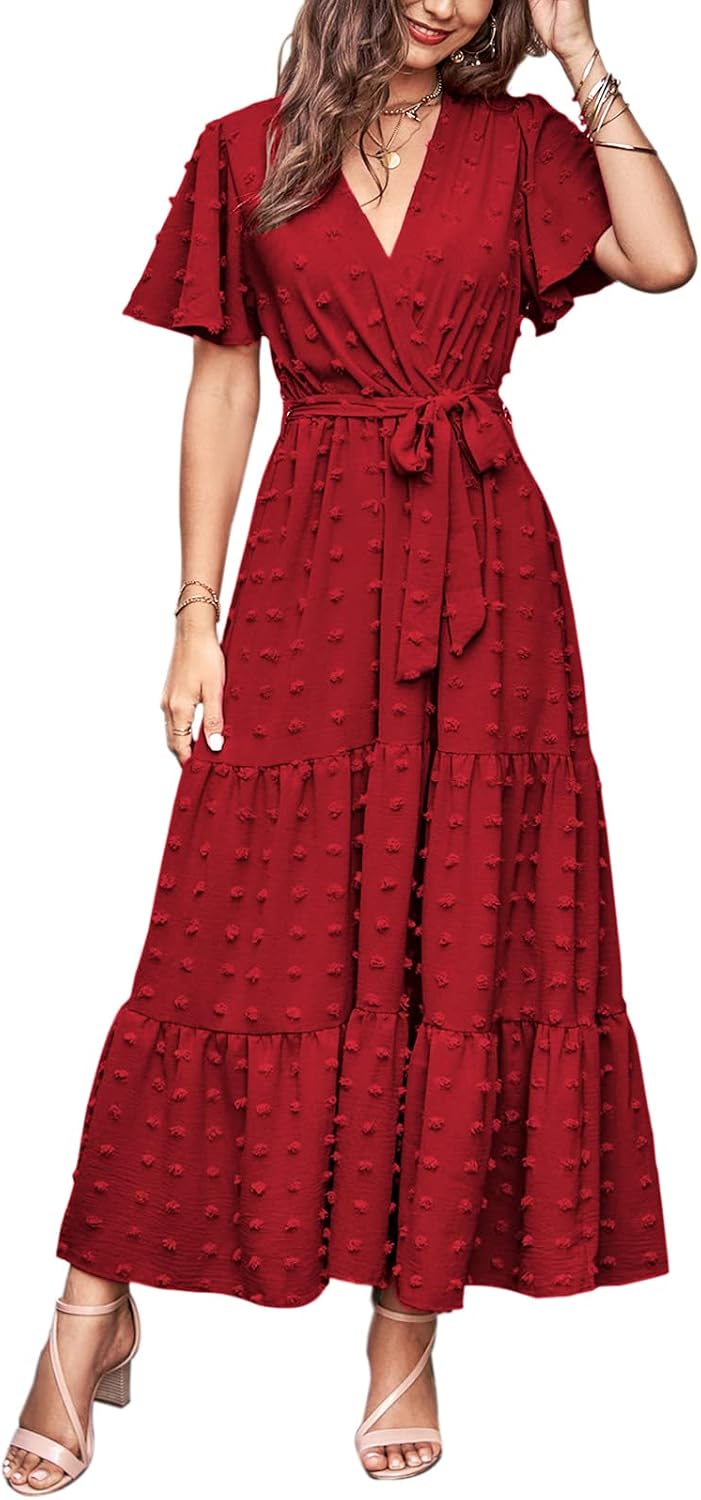 MASCOMODA Womens Summer Swiss Dot Maxi Dresses Wrap Boho Floral Long Dress | V Neck Wrap Dress, Flutter Short Sleeve, Tie Waist, Flowy A Line, Tiered Ruffle Hem, Elegant Spring Wedding Guest Dresses