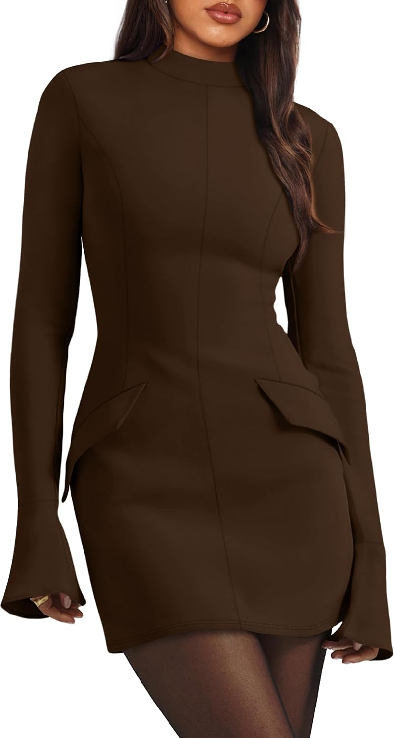 OFEEFAN Women's Fall Long Sleeve Mock Neck Dress Basic Party Club Bodycon Mini Dresses