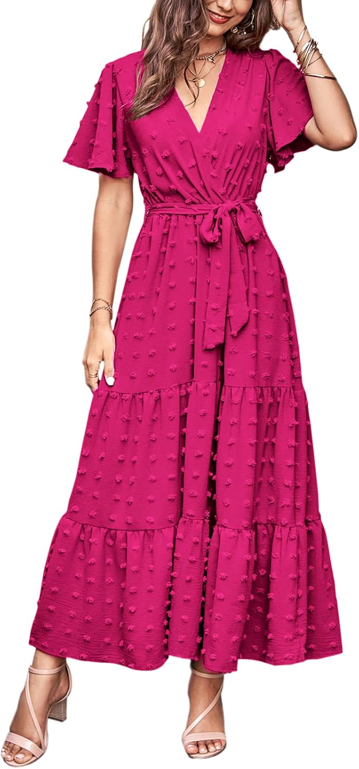 MASCOMODA Womens Summer Swiss Dot Maxi Dresses Wrap Boho Floral Long Dress | V Neck Wrap Dress, Flutter Short Sleeve, Tie Waist, Flowy A Line, Tiered Ruffle Hem, Elegant Spring Wedding Guest Dresses