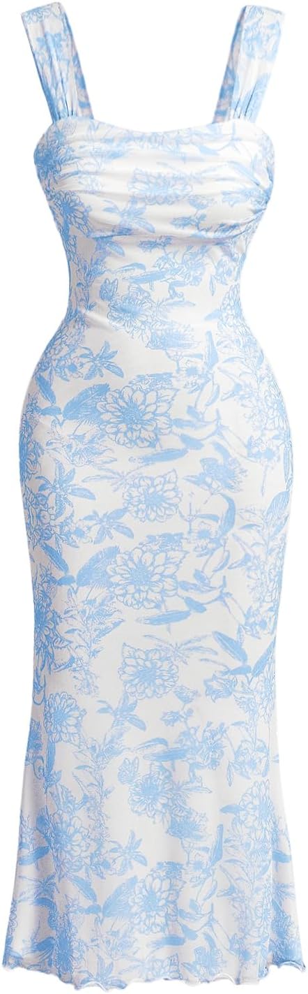 GORGLITTER Women's Floral Wedding Guest Bridal Shower Cocktail Midi Dresses | Baby Shower, Summer, Bodycon Dresses, Sweetheart Neckline Dress, Bridesmaid, Sundresses
