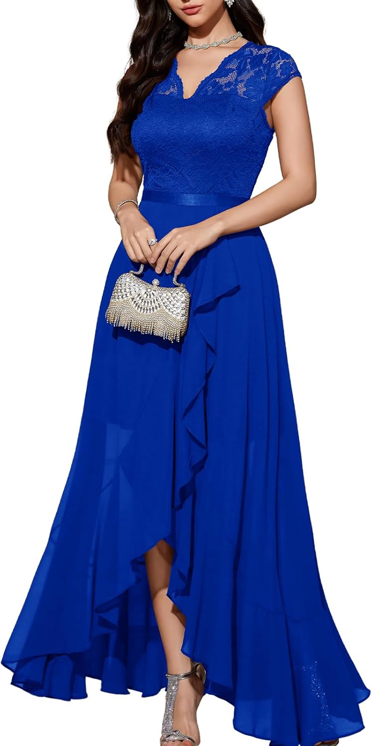 Bbonlinedress Women's V-Neck Dress for Women Wedding Guest Hi-Lo Floral Lace Prom Cocktail Party Formal Bridesmaid Dress