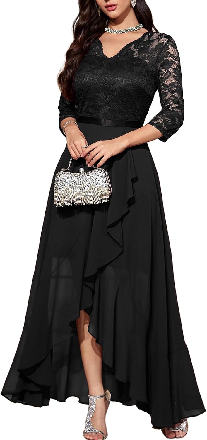 Bbonlinedress Women's V-Neck Dress for Women Wedding Guest Hi-Lo Floral Lace Prom Cocktail Party Formal Bridesmaid Dress