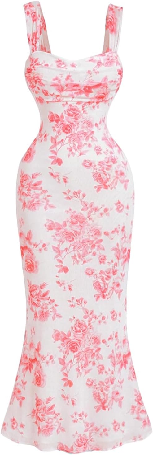 GORGLITTER Women's Floral Wedding Guest Bridal Shower Cocktail Midi Dresses | Baby Shower, Summer, Bodycon Dresses, Sweetheart Neckline Dress, Bridesmaid, Sundresses