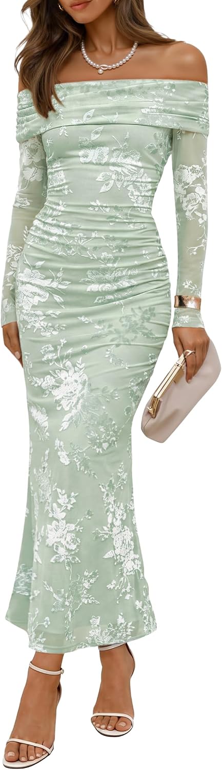 ZESICA Womens Long Sleeve Off Shoulder Maxi Fall Mesh Wedding Guest Dresses | Floral, Bodycon, Elegant, Sexy, Formal, Cocktail, Party, Baby Shower, Bridal Shower, Holiday, Dinner, Prom, Homecoming Dress