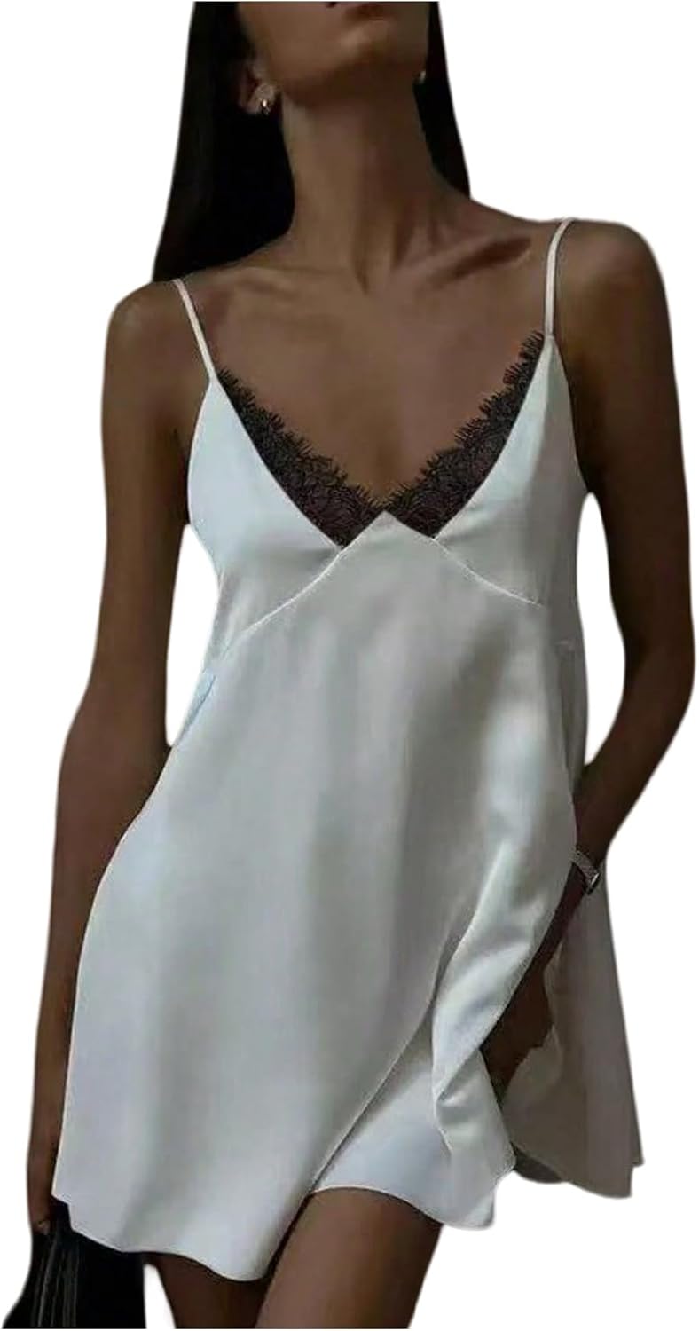 GORGLITTER Women's Lace Satin Mini Dress Backless Wedding Guest Dresses | Sexy Slip Dress, Silk, Tie, V Neck, Open Back, Bachelorette, Bridal Shower, Formal Party Dress