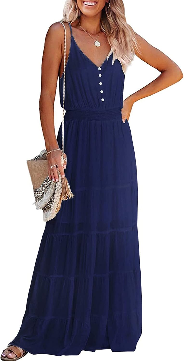 PRETTYGARDEN Women's Spaghetti Strap Summer Maxi Dress | Soft Flowy Fabric, V Neck Sleeveless , Elastic High Waist, Wedding Guest Party Dress, Casual Long Sundress for Beach Vacation