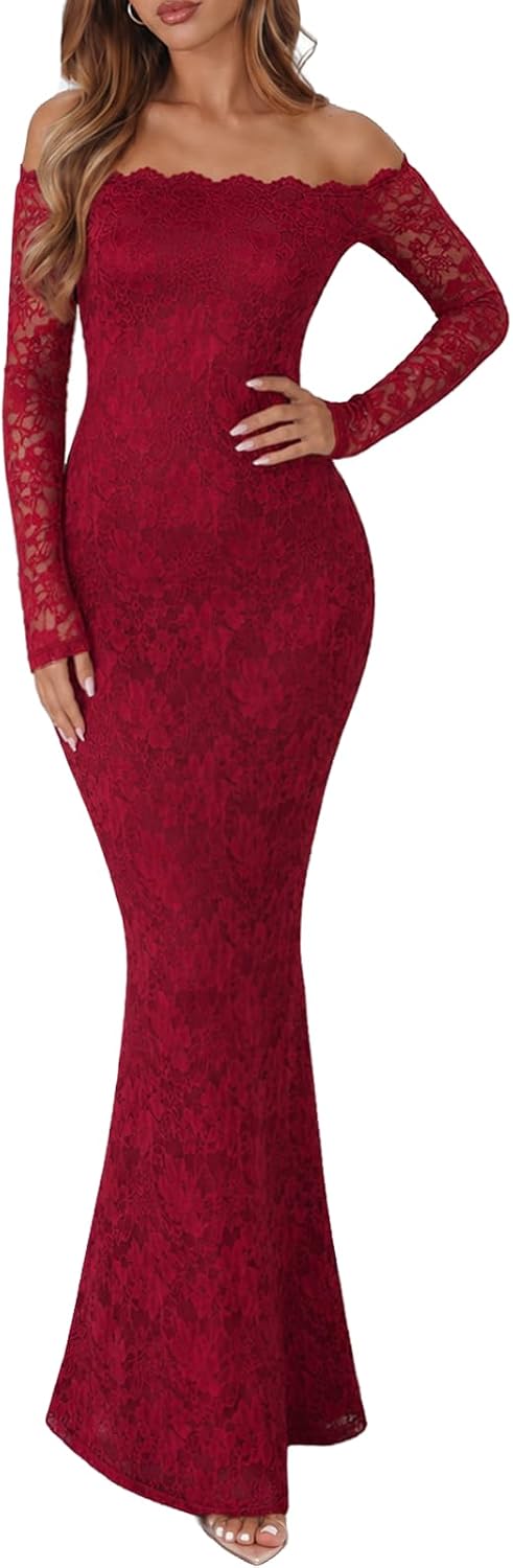 Xuiqx Women's Lace Off Shoulder Long Sleeve Bodycon Formal Maxi Dress | Elegant Style, Mermaid Maxi Dress, Lined Body, Sheer Lace Sleeves, Cocktail Wedding Guest Prom Bridal Shower Evening Dress