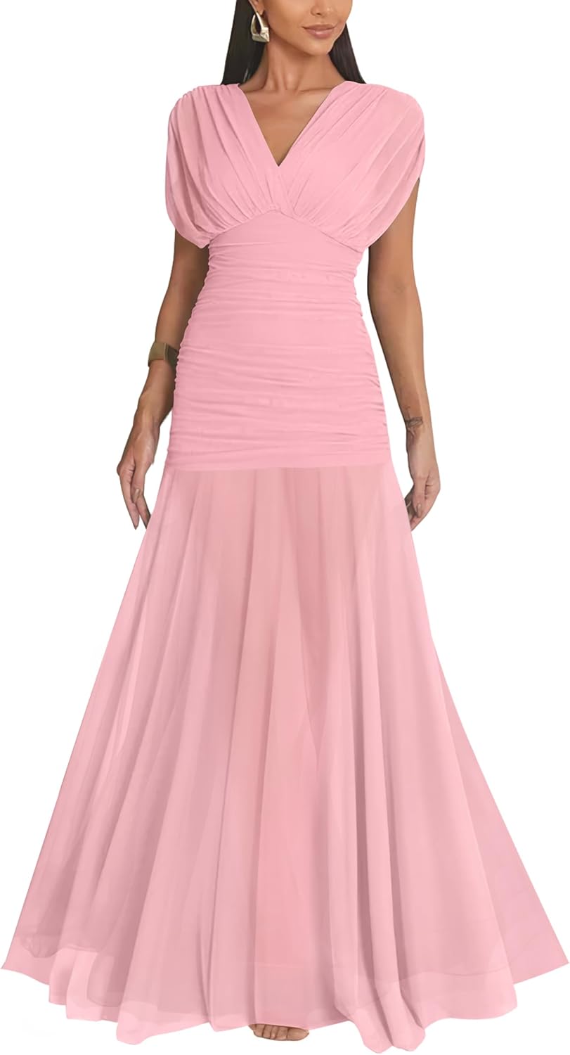 GOKATOSAU Women's Elegant Formal V Neck Bodycon Ruched Long Dress | Cap Sleeve,Flowy Maxi Mesh Ruffle Hem,Slim A-Line,Evening Cocktail Prom Party Dress,Wedding Guest Bridesmaids Gown Dress