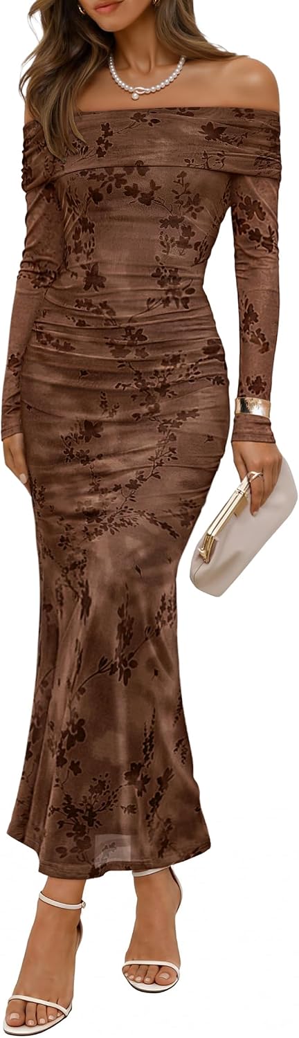 ZESICA Womens Long Sleeve Off Shoulder Maxi Fall Mesh Wedding Guest Dresses | Floral, Bodycon, Elegant, Sexy, Formal, Cocktail, Party, Baby Shower, Bridal Shower, Holiday, Dinner, Prom, Homecoming Dress