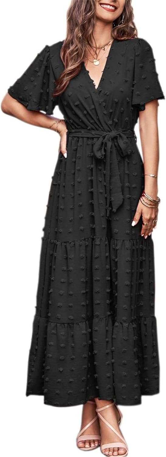 MASCOMODA Womens Summer Swiss Dot Maxi Dresses Wrap Boho Floral Long Dress | V Neck Wrap Dress, Flutter Short Sleeve, Tie Waist, Flowy A Line, Tiered Ruffle Hem, Elegant Spring Wedding Guest Dresses