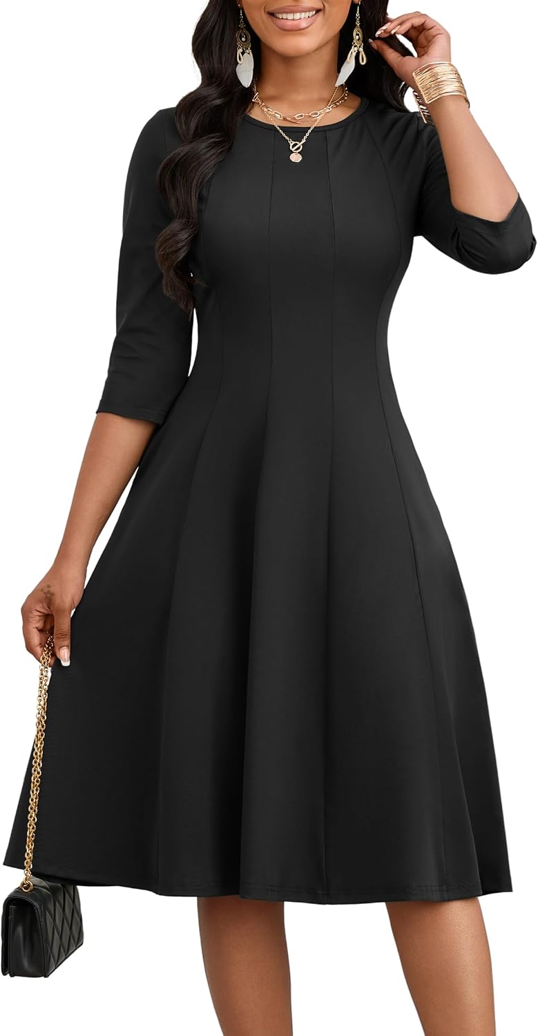CLOCOR Midi Dresses Elegant Church 3\/4 Sleeve Crew Neck Dress with Pocket | Midi dress for cocktail, church, flattering high-waist A-line back zipper for easy on\/off, side pockets for convenience