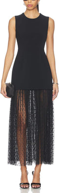 Women Sleeveless Sheer Lace Mesh Ruffles Maxi Dress Cocktail Party Dress | Tulle Overlay Hem Bodycon Wedding Guest Dress Club Night Evening Gowns Date Night Lace Mesh Hem Formal Dress