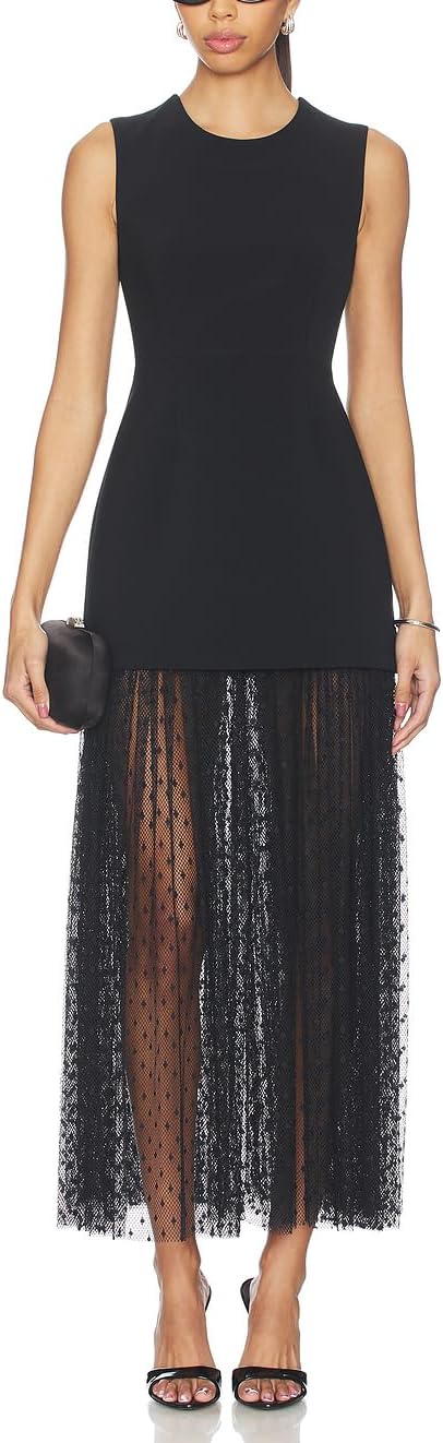 Women Sleeveless Sheer Lace Mesh Ruffles Maxi Dress Cocktail Party Dress | Tulle Overlay Hem Bodycon Wedding Guest Dress Club Night Evening Gowns Date Night Lace Mesh Hem Formal Dress