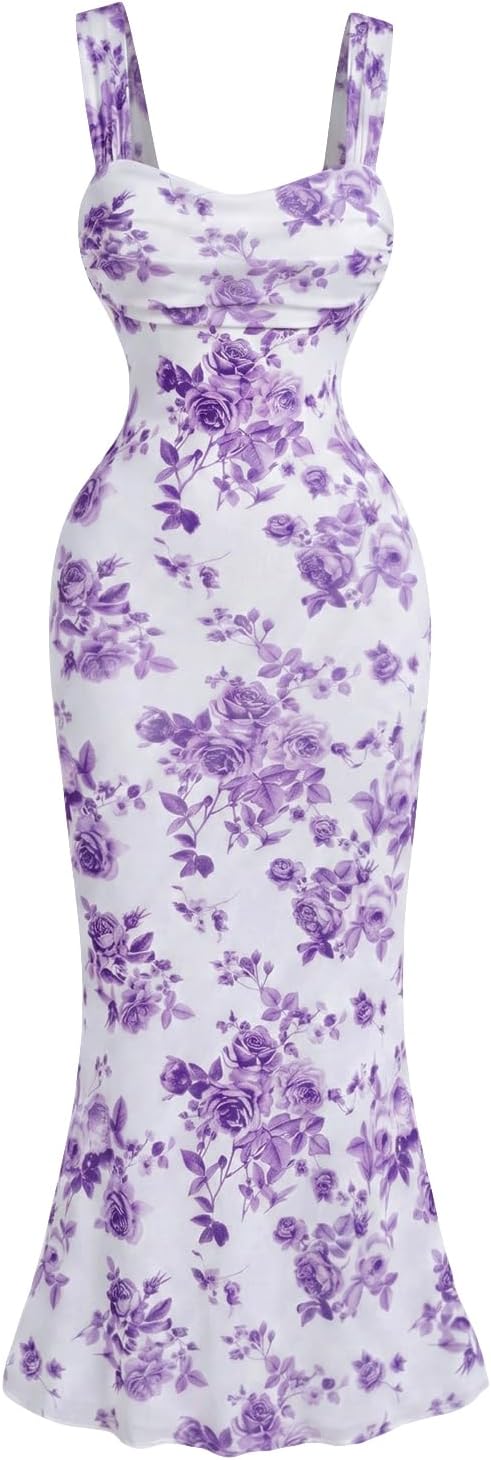 GORGLITTER Women's Floral Wedding Guest Bridal Shower Cocktail Midi Dresses | Baby Shower, Summer, Bodycon Dresses, Sweetheart Neckline Dress, Bridesmaid, Sundresses
