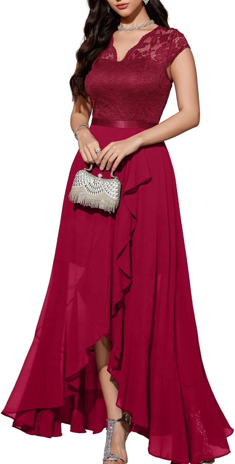 Bbonlinedress Women's V-Neck Dress for Women Wedding Guest Hi-Lo Floral Lace Prom Cocktail Party Formal Bridesmaid Dress