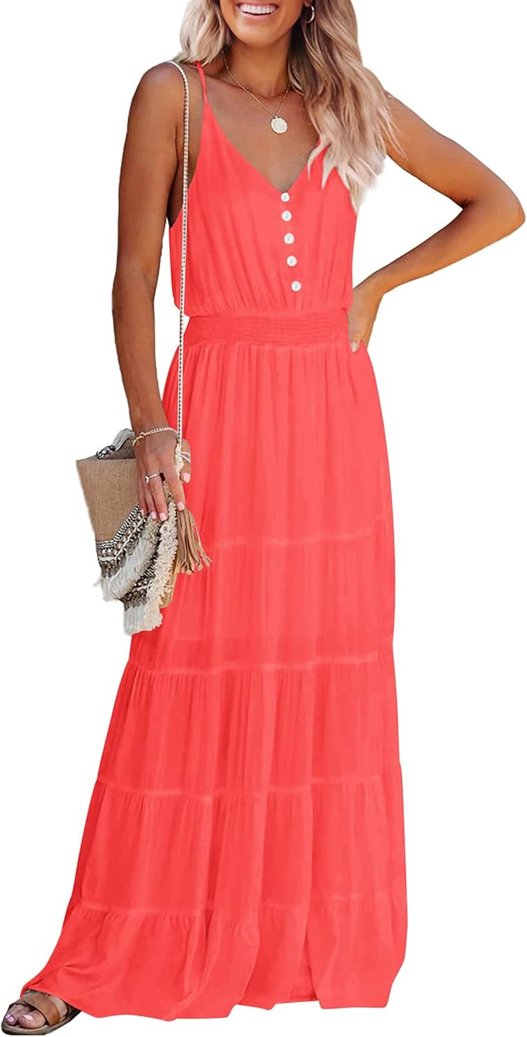 PRETTYGARDEN Women's Spaghetti Strap Summer Maxi Dress | Soft Flowy Fabric, V Neck Sleeveless , Elastic High Waist, Wedding Guest Party Dress, Casual Long Sundress for Beach Vacation
