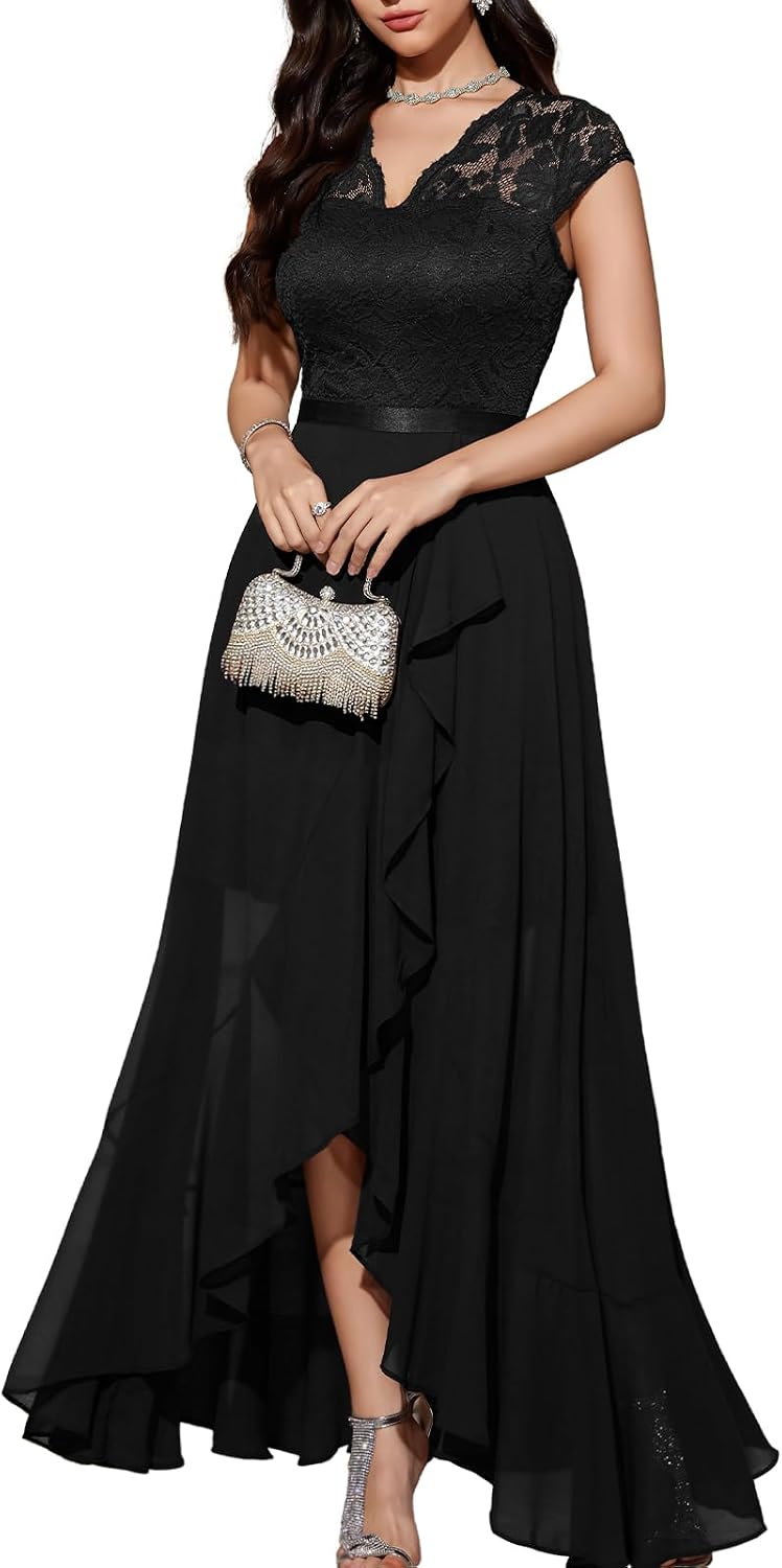 Bbonlinedress Women's V-Neck Dress for Women Wedding Guest Hi-Lo Floral Lace Prom Cocktail Party Formal Bridesmaid Dress