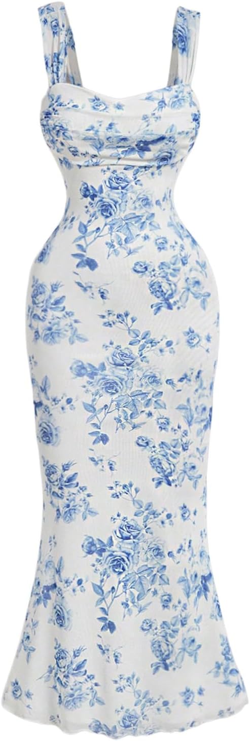 GORGLITTER Women's Floral Wedding Guest Bridal Shower Cocktail Midi Dresses | Baby Shower, Summer, Bodycon Dresses, Sweetheart Neckline Dress, Bridesmaid, Sundresses