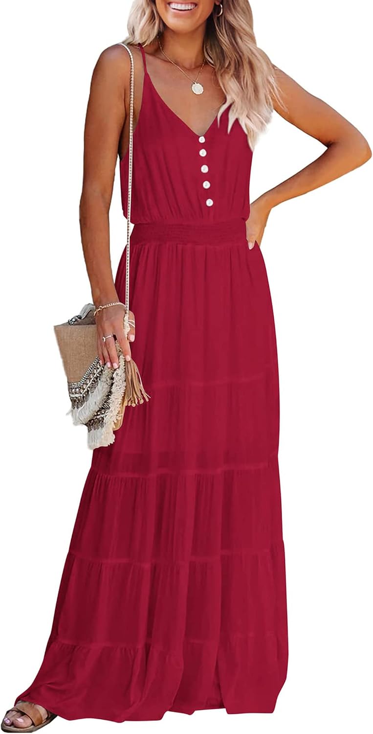 PRETTYGARDEN Women's Spaghetti Strap Summer Maxi Dress | Soft Flowy Fabric, V Neck Sleeveless , Elastic High Waist, Wedding Guest Party Dress, Casual Long Sundress for Beach Vacation