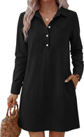 ANRABESS Women's Long Sleeve Striped Fall Shift Shirt Dress | Button Up Polo Collar Tunic Short Dresses with Pockets, Color Block Hem Regular Fit, Office Casual Clothes, All Season Outfit