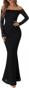 Xuiqx Women's Lace Off Shoulder Long Sleeve Bodycon Formal Maxi Dress | Elegant Style, Mermaid Maxi Dress, Lined Body, Sheer Lace Sleeves, Cocktail Wedding Guest Prom Bridal Shower Evening Dress