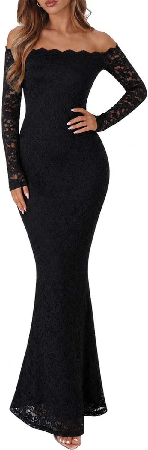 Xuiqx Women's Lace Off Shoulder Long Sleeve Bodycon Formal Maxi Dress | Elegant Style, Mermaid Maxi Dress, Lined Body, Sheer Lace Sleeves, Cocktail Wedding Guest Prom Bridal Shower Evening Dress