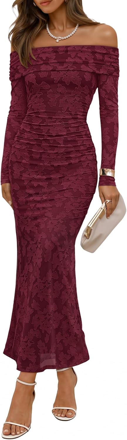 ZESICA Womens Long Sleeve Off Shoulder Maxi Fall Mesh Wedding Guest Dresses | Floral, Bodycon, Elegant, Sexy, Formal, Cocktail, Party, Baby Shower, Bridal Shower, Holiday, Dinner, Prom, Homecoming Dress