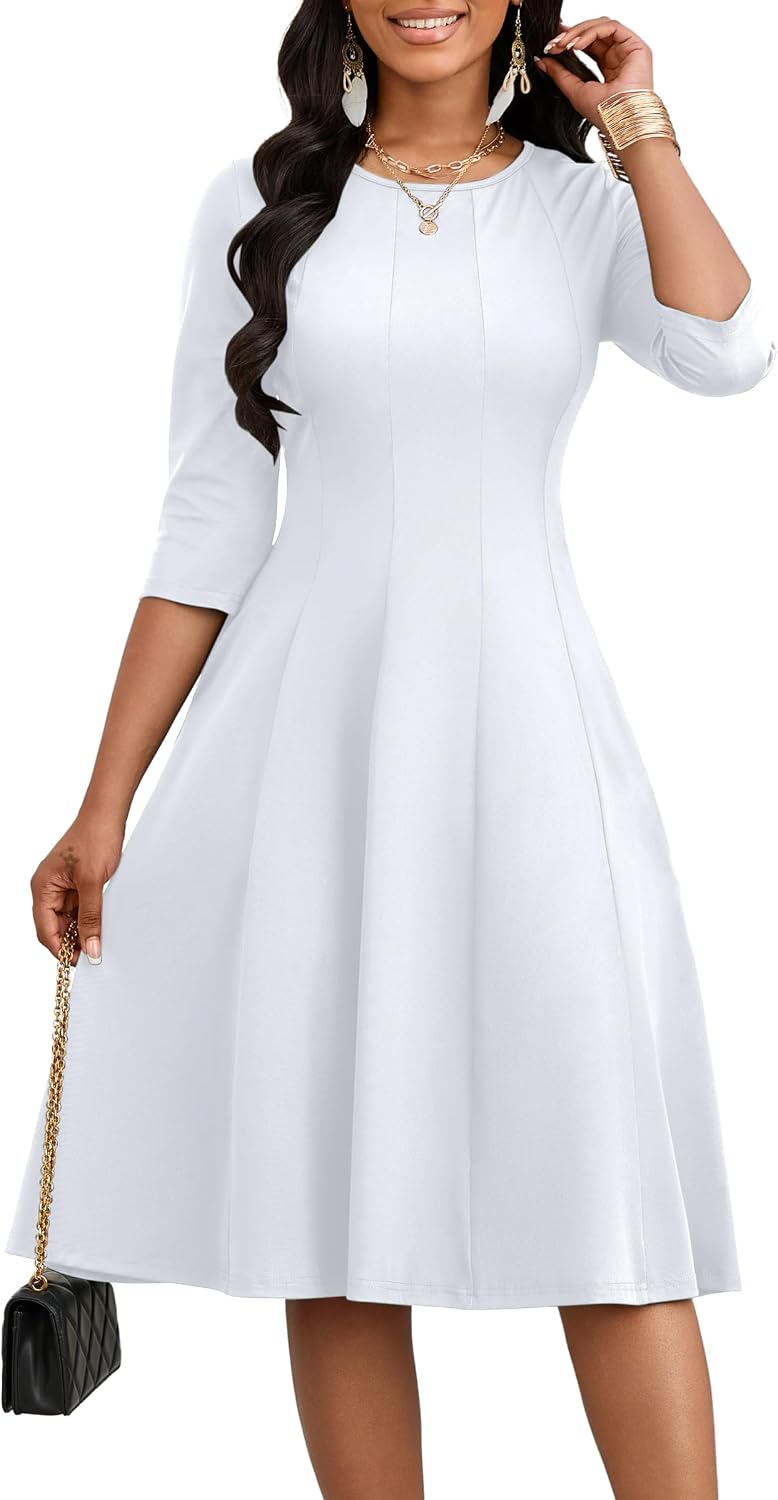 CLOCOR Midi Dresses Elegant Church 3\/4 Sleeve Crew Neck Dress with Pocket | Midi dress for cocktail, church, flattering high-waist A-line back zipper for easy on\/off, side pockets for convenience