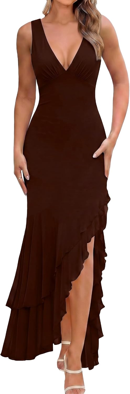 BORIFLORS Women's Elegant Mermaid Ruffle Cocktail Maxi Dress | Ruched, V Neck, High Slit, Homecoming Party, Long Dresses