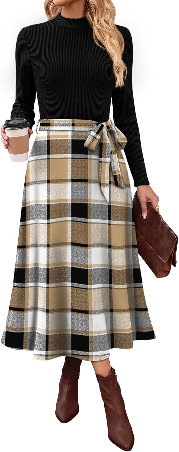 OFEEFAN Long Sleeve Dress Mock Neck Tie Waist Ribbed Knit Midi Dresses Fall Outfits