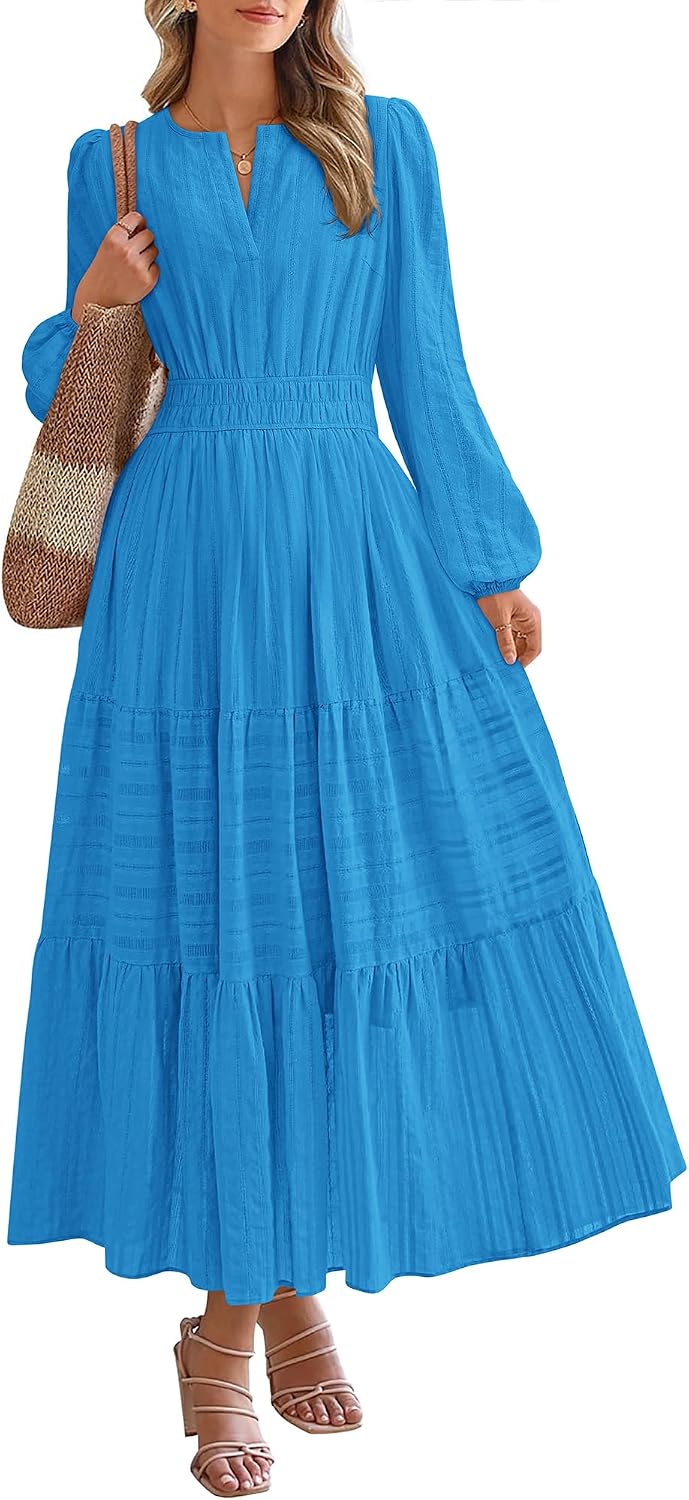 BTFBM Womens Fall 2026 Casual Midi Maxi Dresses | Lightweight Long Sleeve V Neck,Elastic Waist A Line Cotton Long Dresses,Boho Wedding Guest Dress Pockets,Fashion Clothing