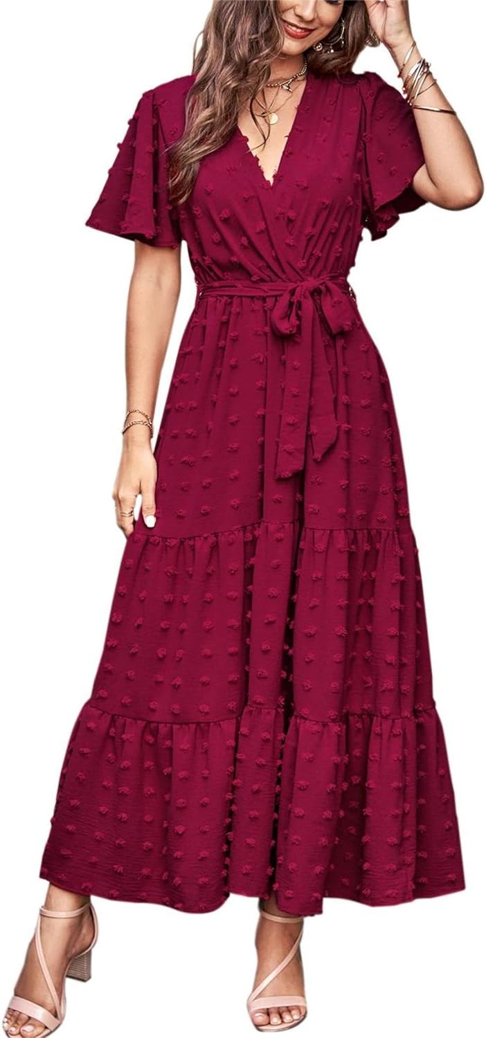MASCOMODA Womens Summer Swiss Dot Maxi Dresses Wrap Boho Floral Long Dress | V Neck Wrap Dress, Flutter Short Sleeve, Tie Waist, Flowy A Line, Tiered Ruffle Hem, Elegant Spring Wedding Guest Dresses