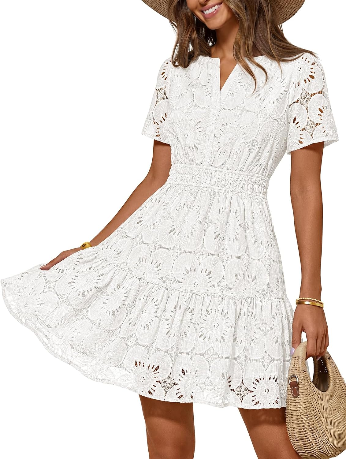MEROKEETY Women's Summer Eyelet Lace Floral Boho Dress | Mini Dress, Short Sleeve, A Line, Notch Neck, Shirring Waist, Flowy Hem, Elegant Casual Cute, Vacation Beach, Short Sundress